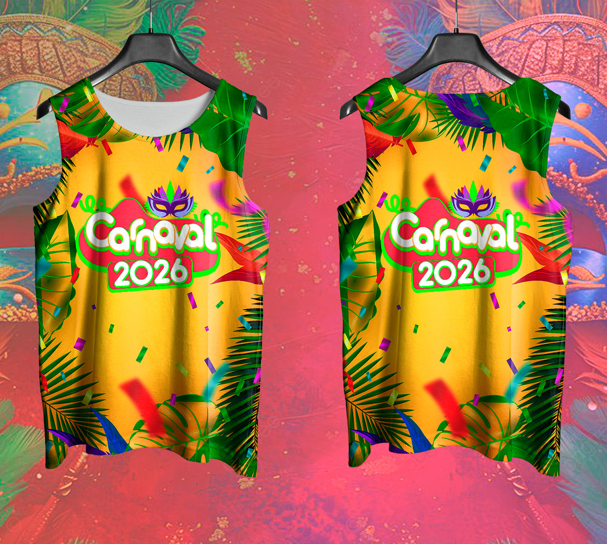 Arte Vetor Abadá Carnaval 2026 Amarelo e Fitas Vermelhas - Mockup Frente e Costas em Cenário Carnaval
