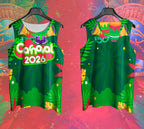 Arte Vetor Abadá Carnaval 2026 Folhas Verdes e Fundo Verde - Mockup Frente e Costas em Cenário Carnaval
