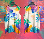 Mockup frente e costas do abada Carnaval 2026 Folhas Coloridas com fundo de Carnaval vermelho.