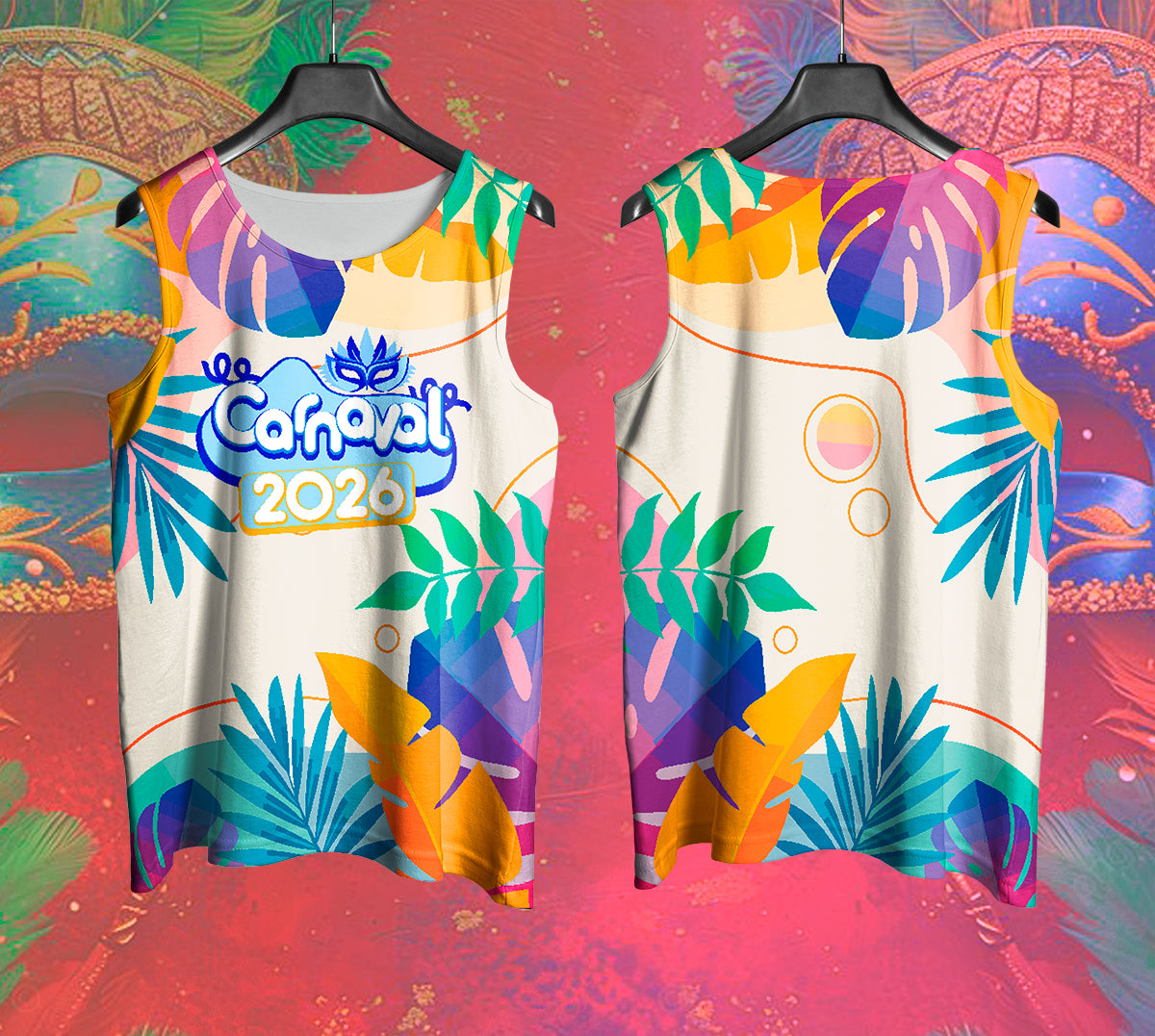 Mockup frente e costas do abada Carnaval 2026 Folhas Coloridas com fundo de Carnaval vermelho.