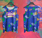 Arte Vetor Abadá Carnaval 2026 Fundo Azul e Máscaras Coloridas - Mockup Frente e Costas em Cenário Carnaval
