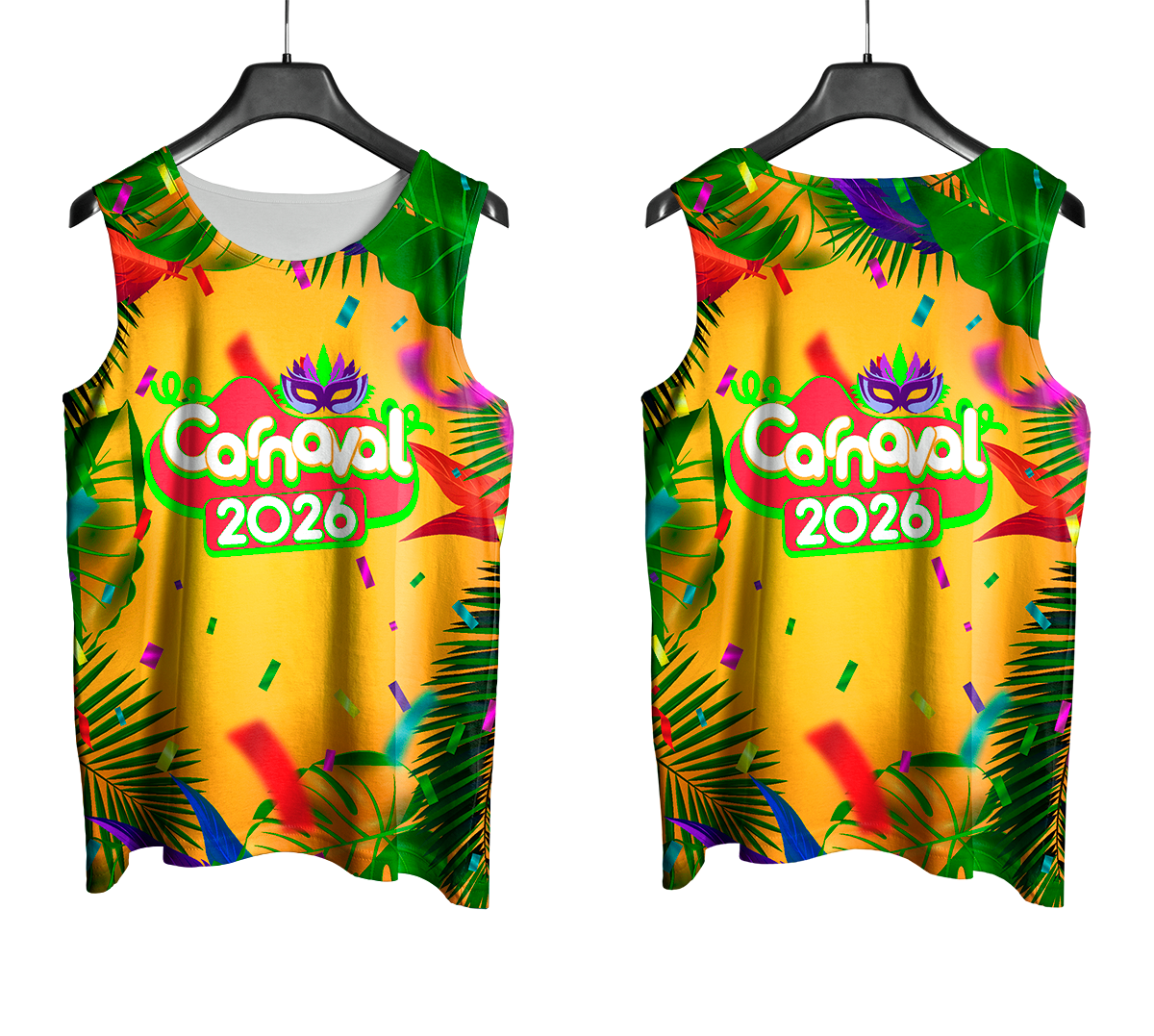 Arte Vetor Abadá Carnaval 2026 Amarelo e Fitas Vermelhas - Mockup Frente e Costas com Fundo Transparente

