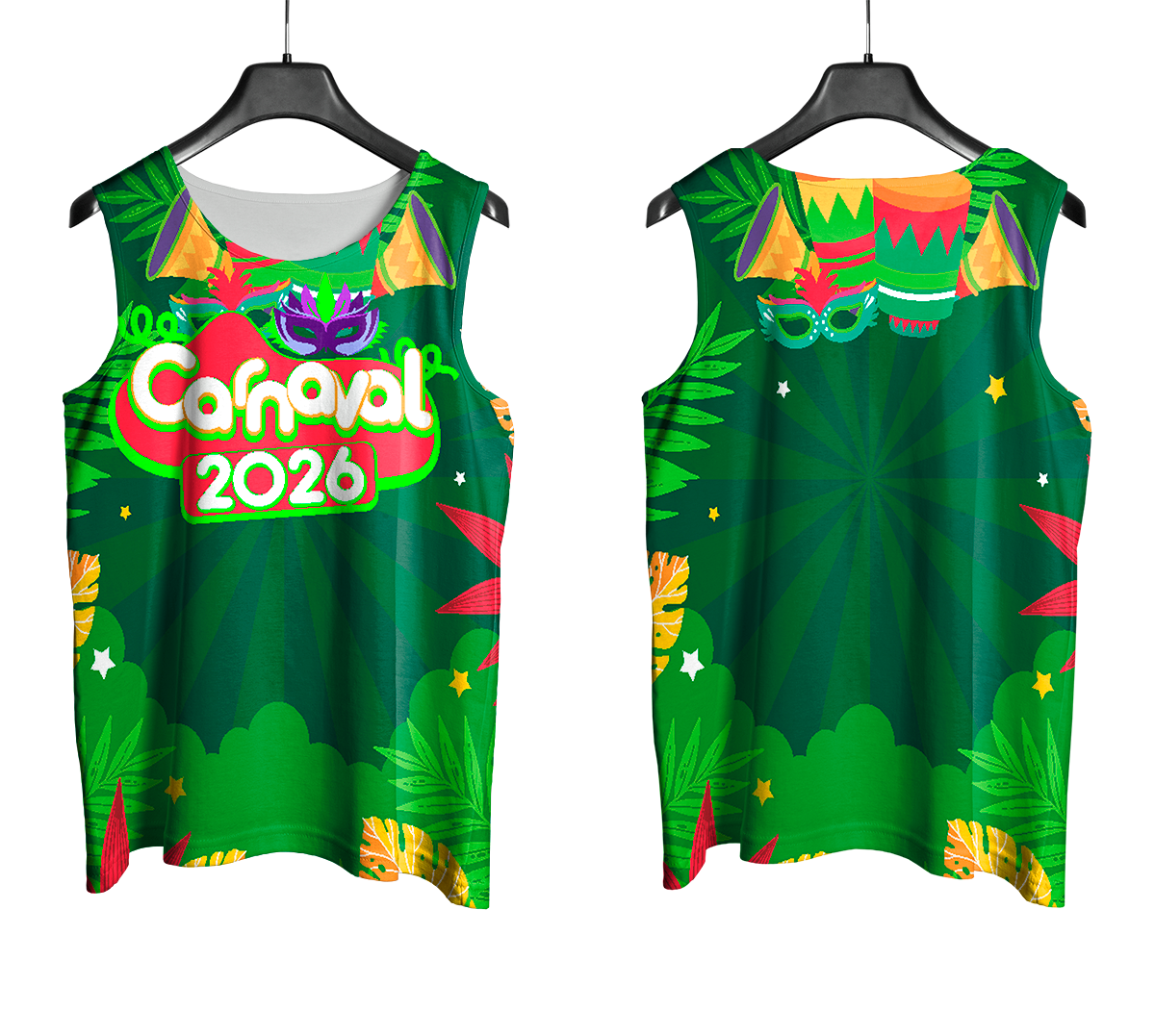 Arte Vetor Abadá Carnaval 2026 Folhas Verdes e Fundo Verde - Mockup Frente e Costas com Fundo Transparente
