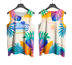 Mockup frente e costas do abada Carnaval 2026 Folhas Coloridas em fundo neutro.