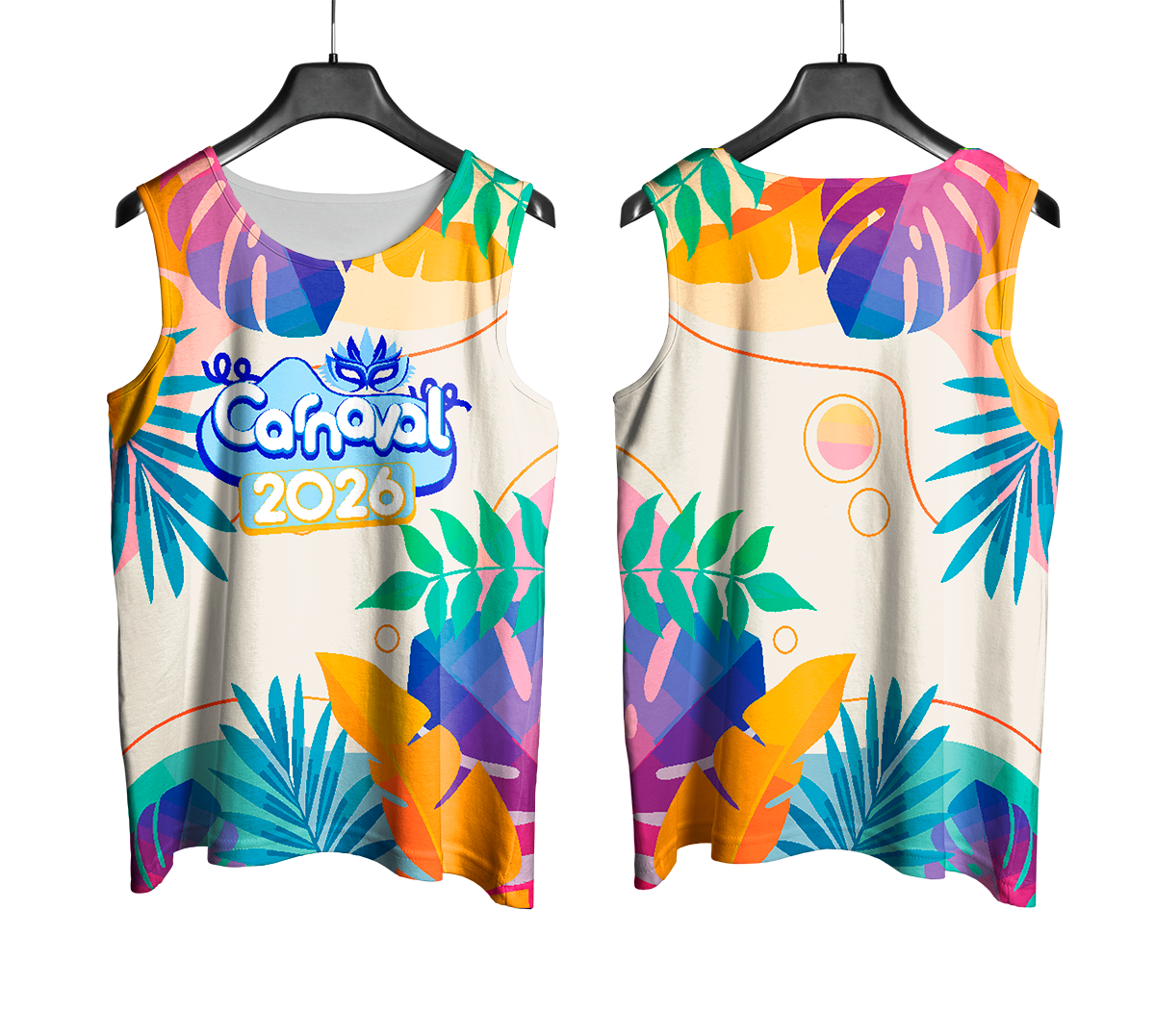 Mockup frente e costas do abada Carnaval 2026 Folhas Coloridas em fundo neutro.