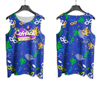 Arte Vetor Abadá Carnaval 2026 Fundo Azul e Máscaras Coloridas - Mockup Frente e Costas com Fundo Transparente
