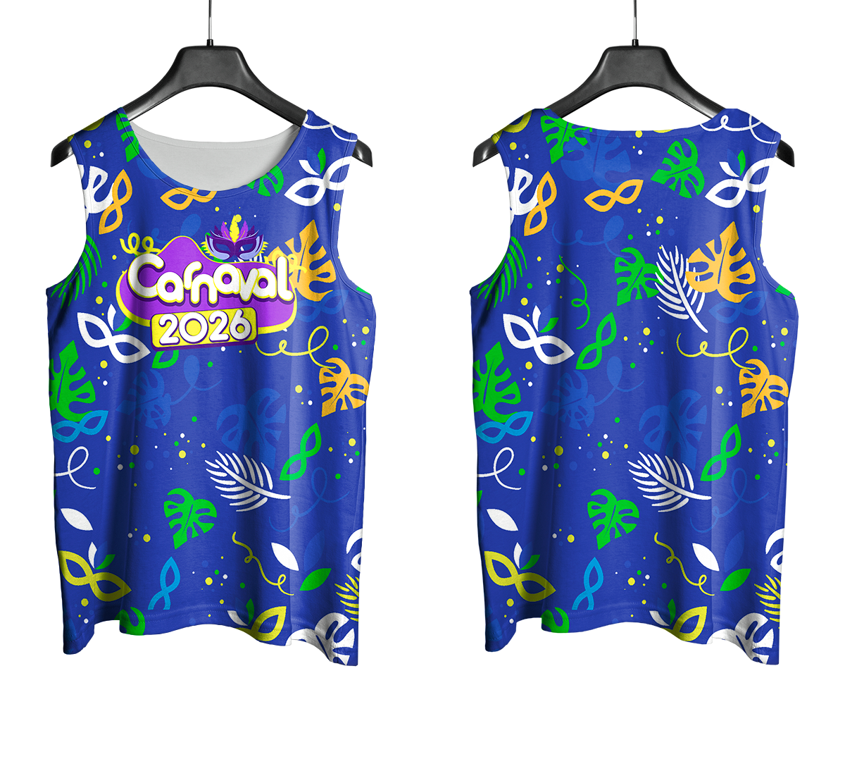 Arte Vetor Abadá Carnaval 2026 Fundo Azul e Máscaras Coloridas - Mockup Frente e Costas com Fundo Transparente
