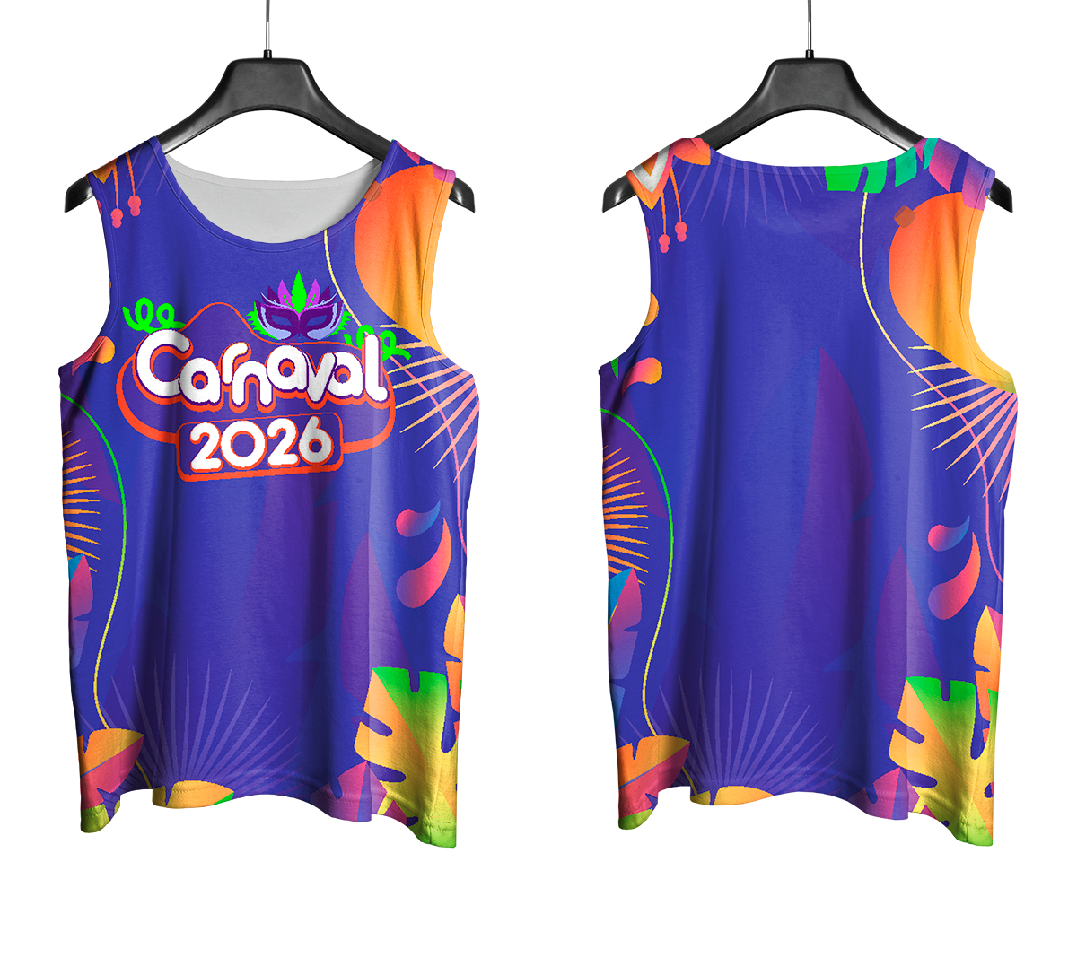 Arte Vetor Abadá Carnaval 2026 Roxo com Flores Coloridas - Mockup Frente e Costas com Fundo Transparente
