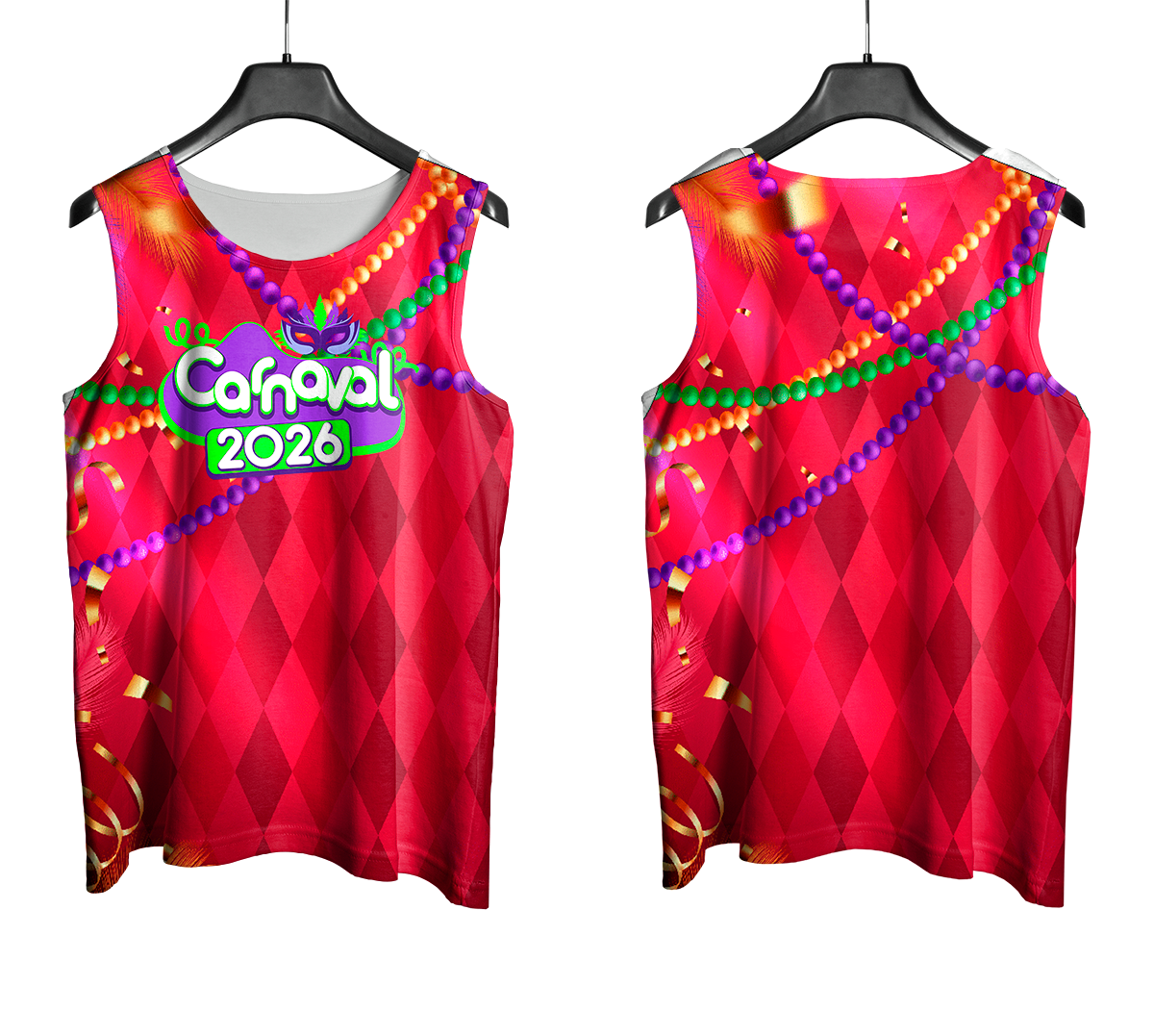 Arte Vetor Abadá Carnaval 2026 Vermelho e Colar Colorido - Mockup Frente e Costas com Fundo Transparente

