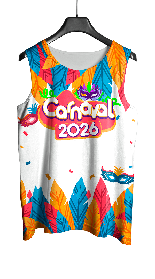 Arte Vetor Abadá Carnaval 2026 Máscara e Folhas Coloridas - Mockup Frente
