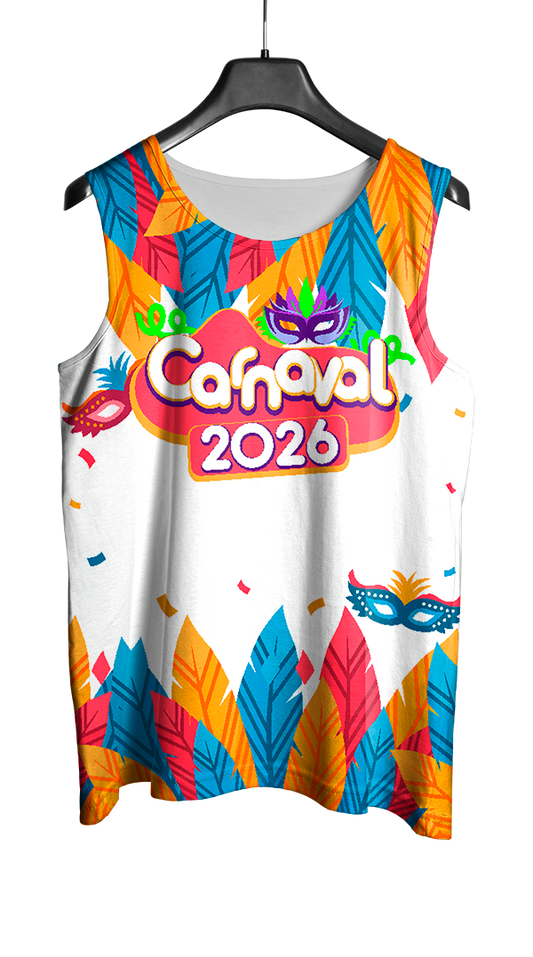Arte Vetor Abadá Carnaval 2026 Máscara e Folhas Coloridas - Mockup Frente
