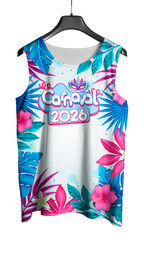 Mockup frente do abada Carnaval 2026 Folhas e Flores com arte vetorizada tropical e detalhada.