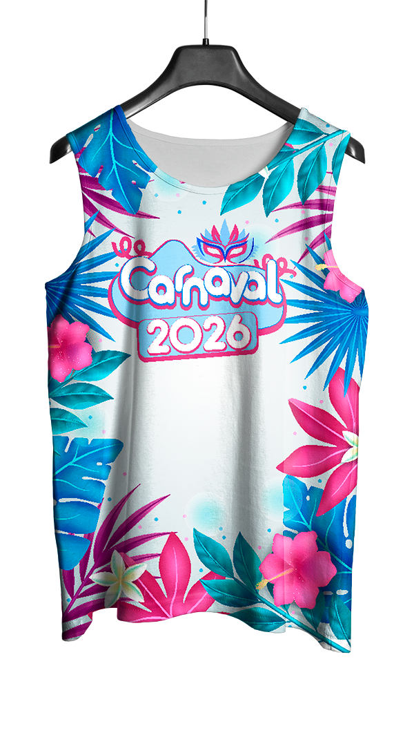 Mockup frente do abada Carnaval 2026 Folhas e Flores com arte vetorizada tropical e detalhada.