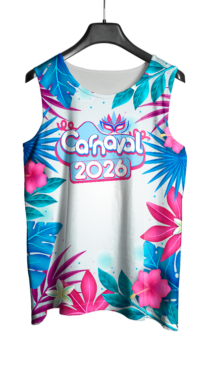 Mockup frente do abada Carnaval 2026 Folhas e Flores com arte vetorizada tropical e detalhada.