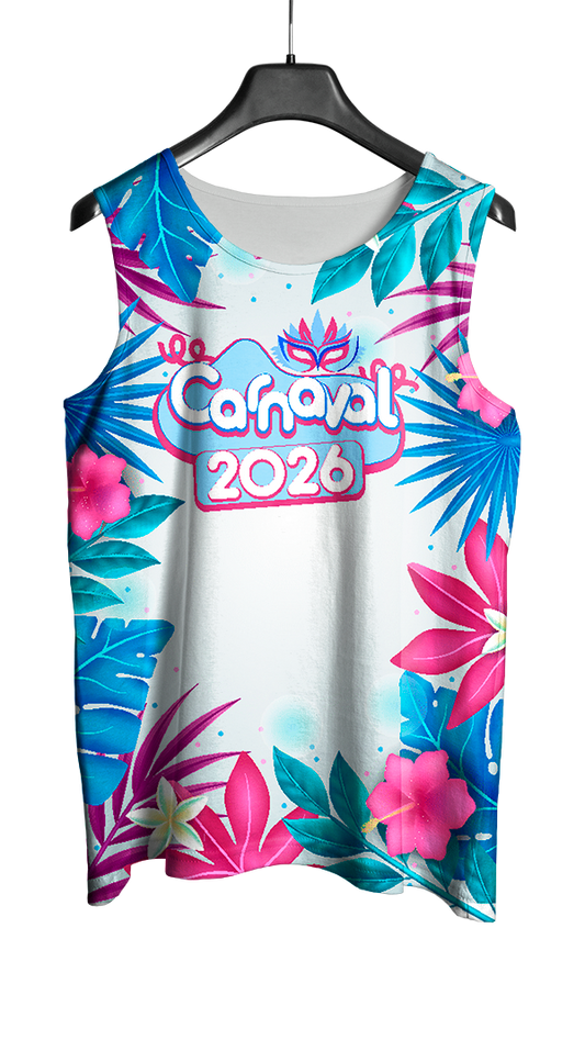 Mockup frente do abada Carnaval 2026 Folhas e Flores com arte vetorizada tropical e detalhada.