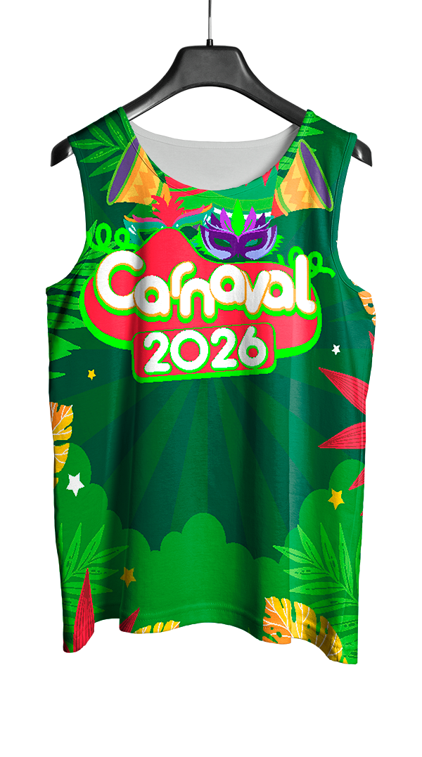 Arte Vetor Abadá Carnaval 2026 Folhas Verdes e Fundo Verde - Mockup Frente
