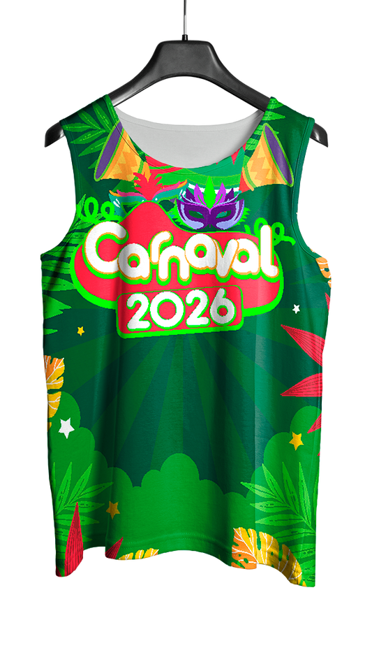 Arte Vetor Abadá Carnaval 2026 Folhas Verdes e Fundo Verde - Mockup Frente
