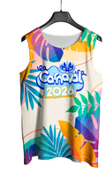 Mockup frente do abada Carnaval 2026 Folhas Coloridas com arte vetorizada tropical e vibrante.