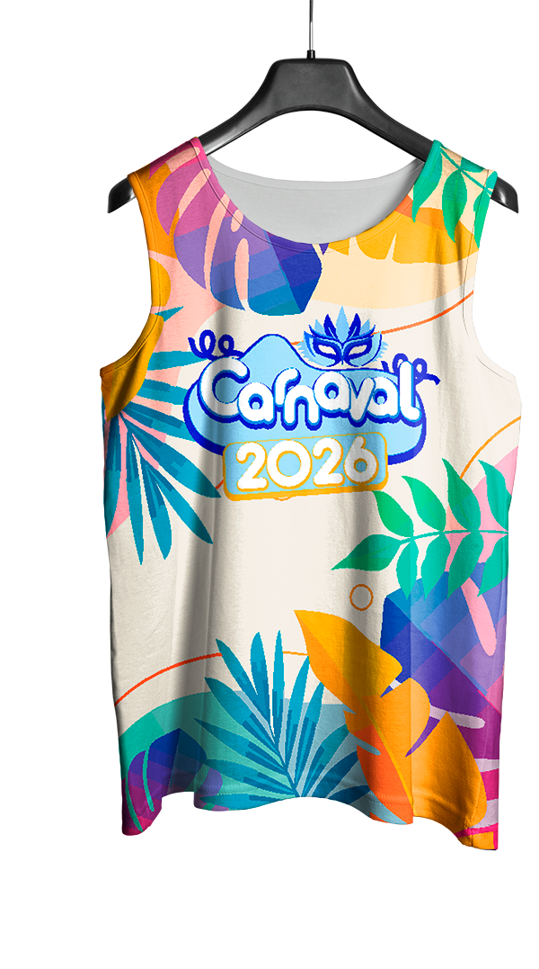 Mockup frente do abada Carnaval 2026 Folhas Coloridas com arte vetorizada tropical e vibrante.