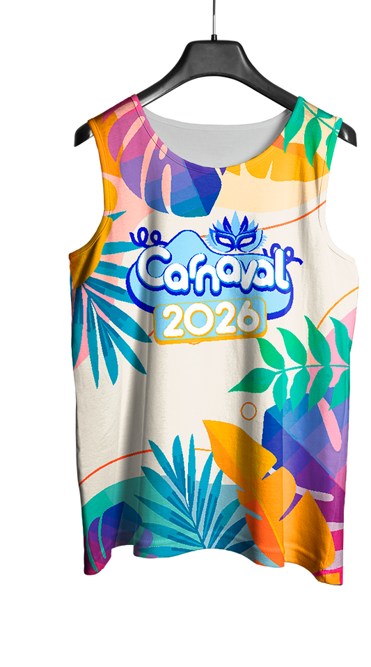 Mockup frente do abada Carnaval 2026 Folhas Coloridas com arte vetorizada tropical e vibrante.