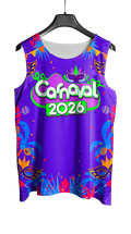 Mockup frente do abada Carnaval 2026 Máscaras e Flores com arte vetorizada temática e vibrante.