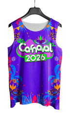 Mockup frente do abada Carnaval 2026 Máscaras e Flores com arte vetorizada temática e vibrante.