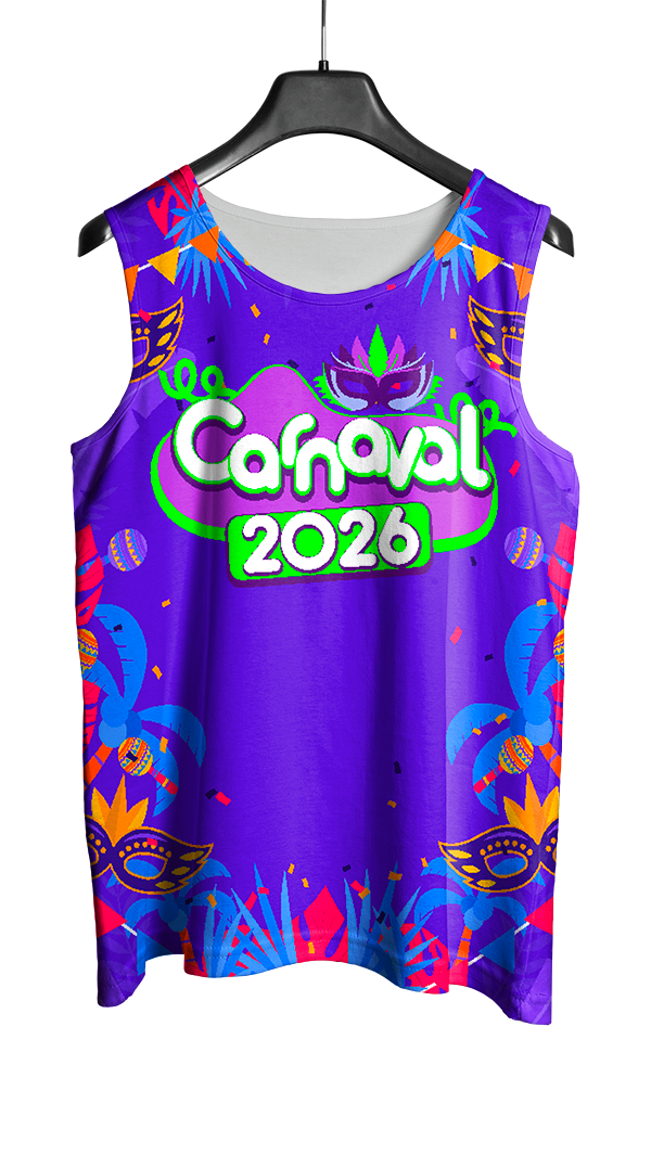 Mockup frente do abada Carnaval 2026 Máscaras e Flores com arte vetorizada temática e vibrante.