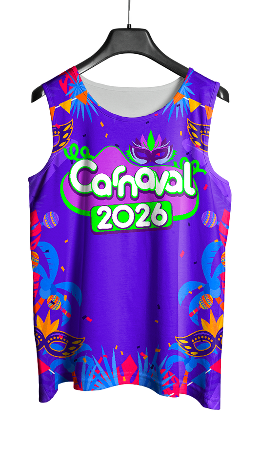 Mockup frente do abada Carnaval 2026 Máscaras e Flores com arte vetorizada temática e vibrante.