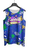 Arte Vetor Abadá Carnaval 2026 Fundo Azul e Máscaras Coloridas - Mockup Frente
