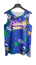 Arte Vetor Abadá Carnaval 2026 Fundo Azul e Máscaras Coloridas - Mockup Frente
