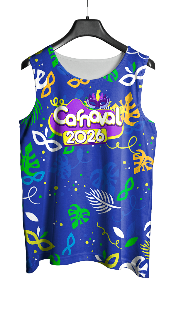 Arte Vetor Abadá Carnaval 2026 Fundo Azul e Máscaras Coloridas - Mockup Frente
