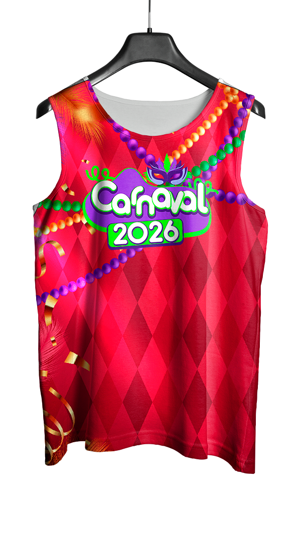 Arte Vetor Abadá Carnaval 2026 Vermelho e Colar Colorido - Mockup Frente
