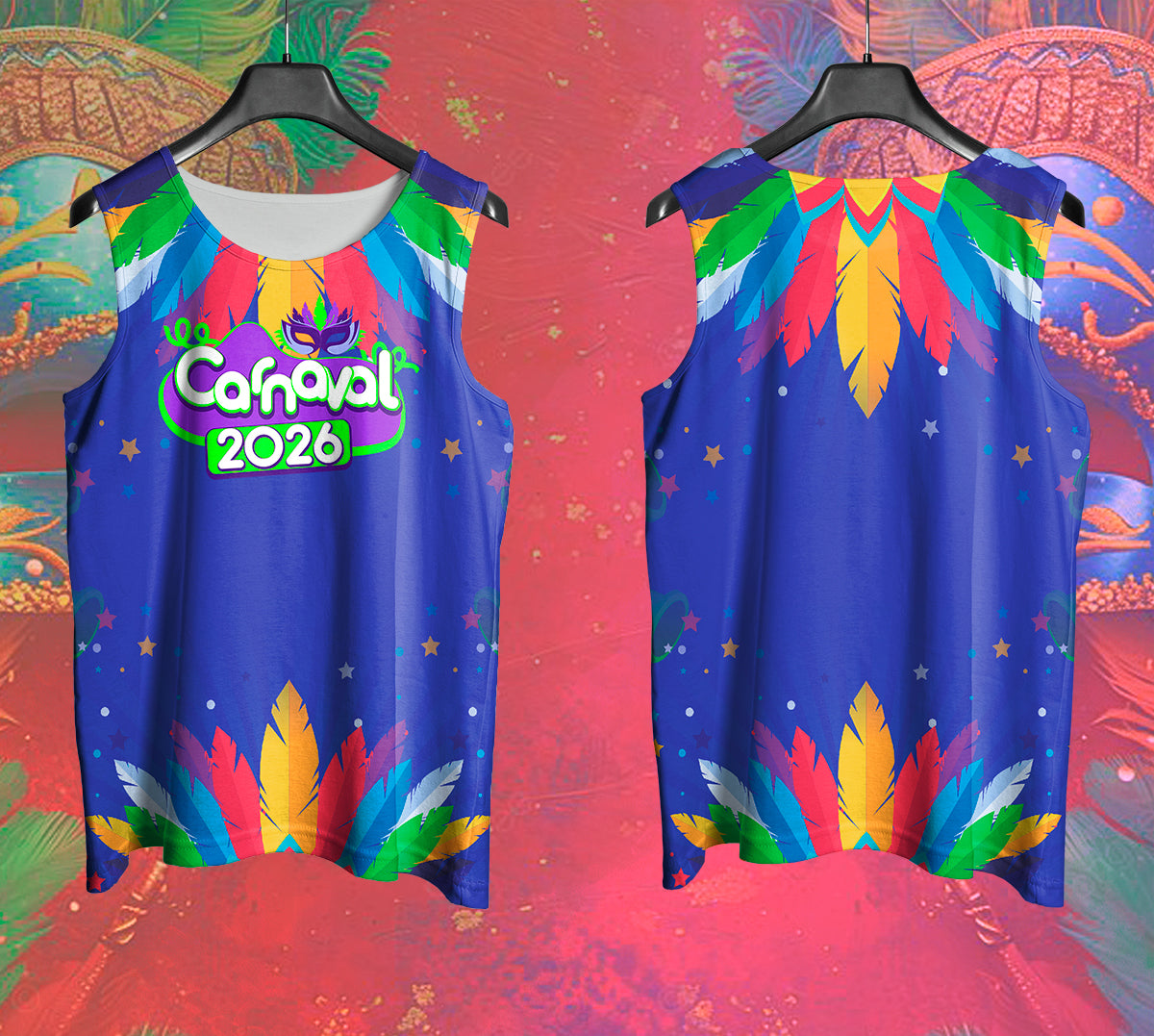 Arte Vetor Abadá Carnaval 2026 Azul com Fundo Colorido - Mockup Frente e Costas em Cenário Carnaval
