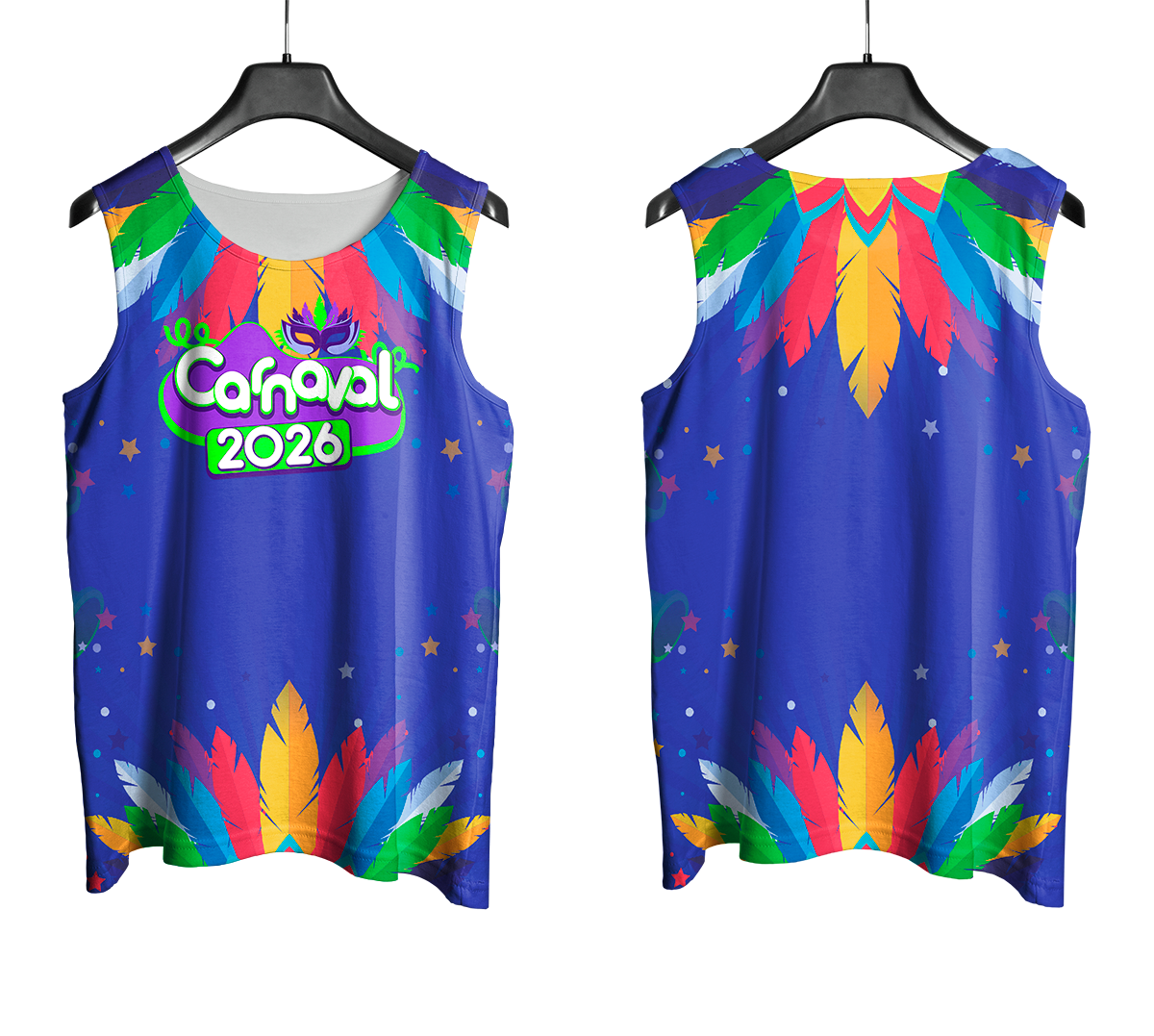 Arte Vetor Abadá Carnaval 2026 Azul com Fundo Colorido - Mockup Frente e Costas com Fundo Transparente
