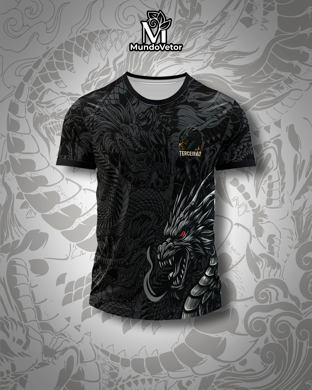 Mockup da frente com fundo estilizado – Arte Vetor Camisa Interclasse Dragao Dark