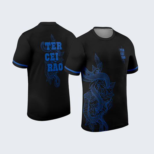 Mockup frente e costas da camisa Arte Vetor Camisa Terceirao Cobra E Folhas fundo branco