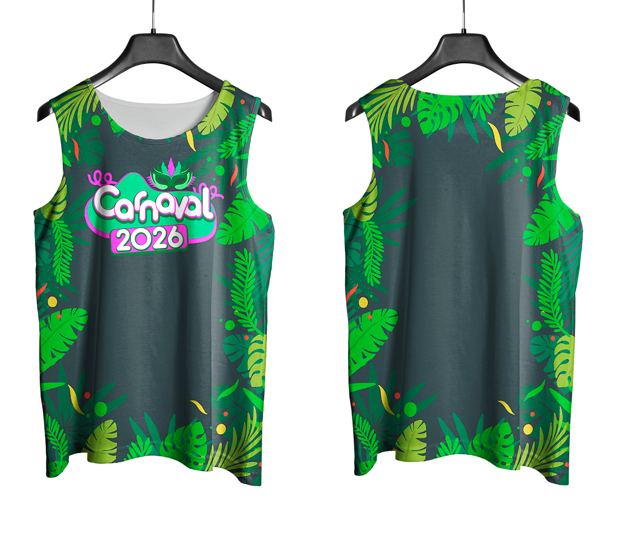 Arte Vetor Abadá Carnaval 2026 Fundo Verde e Folhas Verdes - Mockup Frente e Costas com Fundo Transparente

