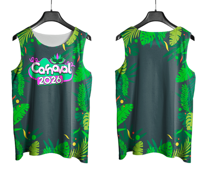 Arte Vetor Abadá Carnaval 2026 Fundo Verde e Folhas Verdes - Mockup Frente e Costas com Fundo Transparente
