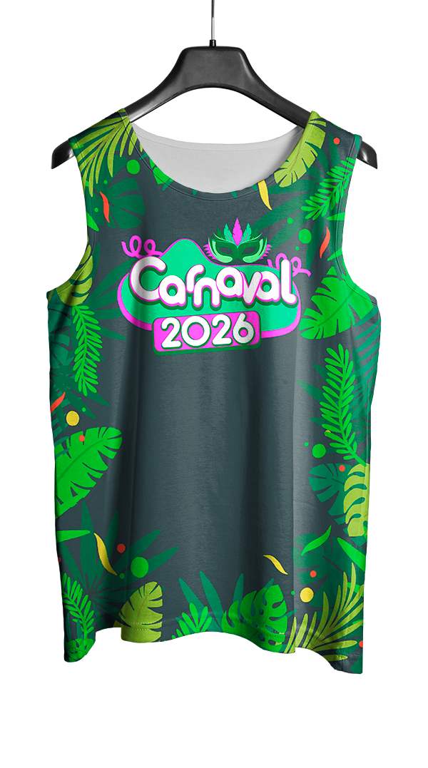 Arte Vetor Abadá Carnaval 2026 Fundo Verde e Folhas Verdes - Mockup Frente
