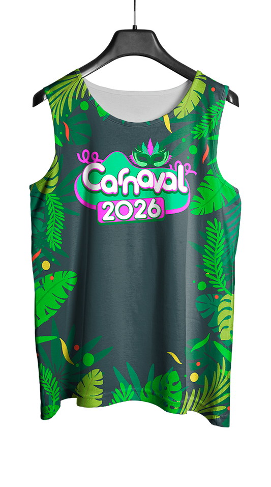 Arte Vetor Abadá Carnaval 2026 Fundo Verde e Folhas Verdes - Mockup Frente
