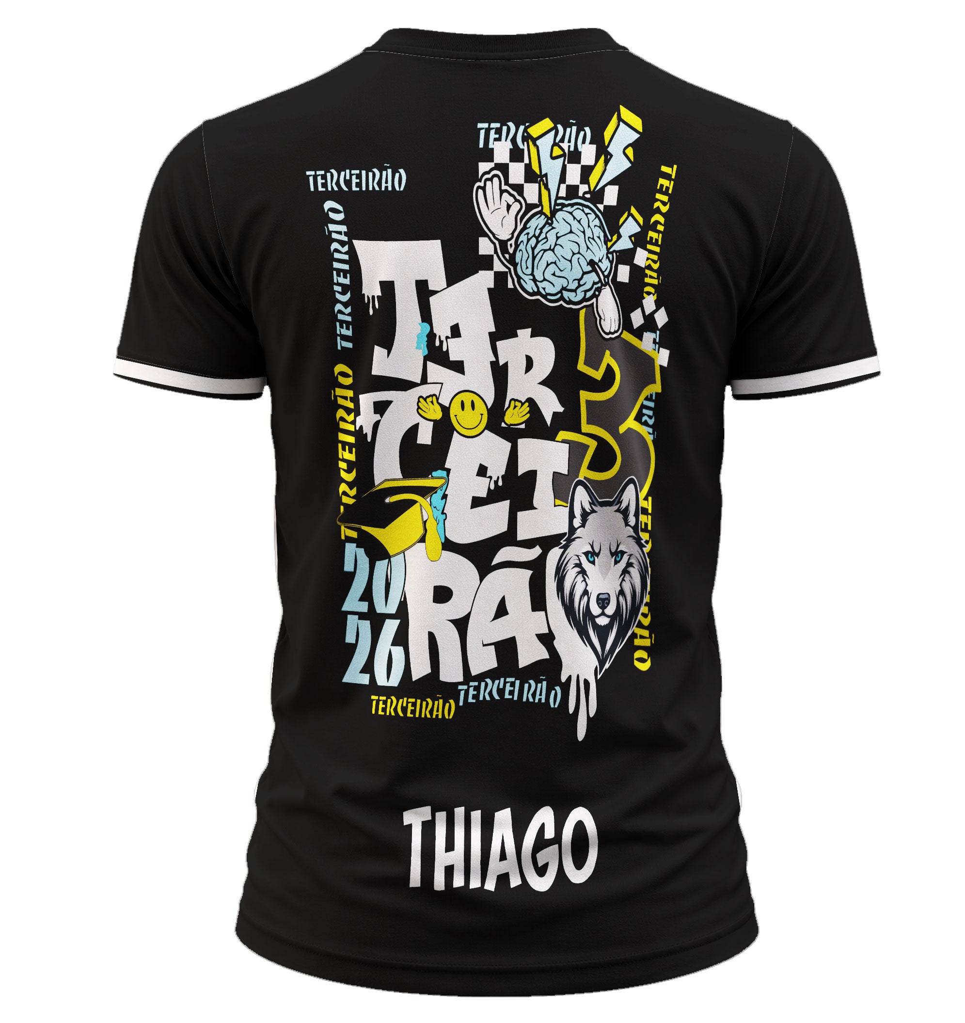 Camiseta unissex preta com logo no peito e estampa grande nas costas mostrando um lobo em estilo graffiti, perfeita para quem quer estilo único e marcante no visual.