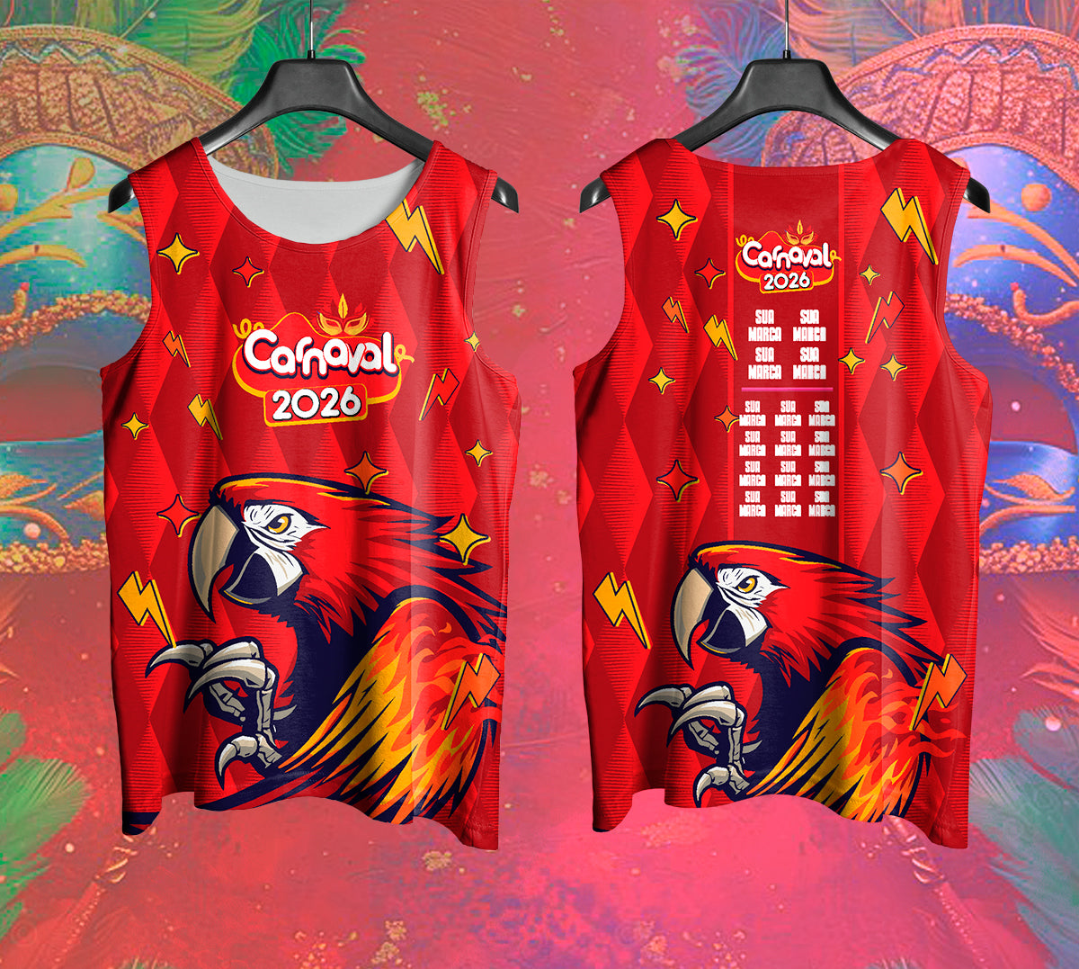 Arte Vetor Abadá Carnaval 2026 Arara Vermelha - Mockup Frente e Costas em Cenário Carnaval