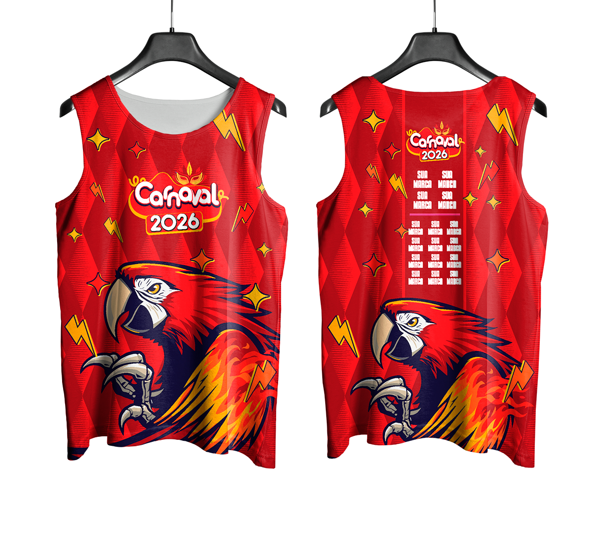 Arte Vetor Abadá Carnaval 2026 Arara Vermelha - Mockup Frente e Costas com Fundo Transparente