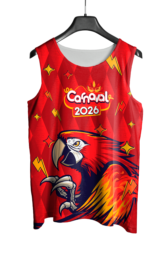 Arte Vetor Abadá Carnaval 2026 Arara Vermelha - Mockup Frente