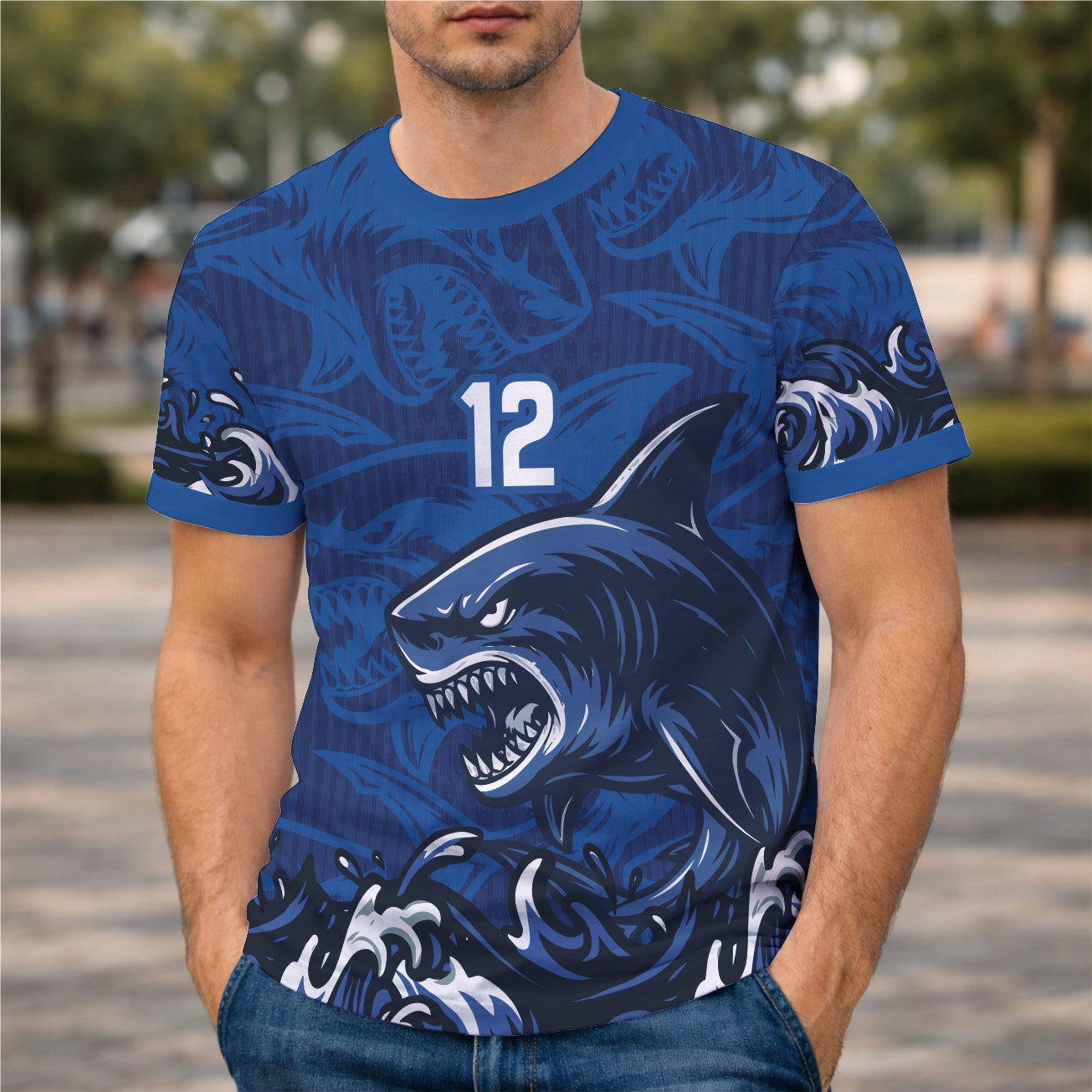arte digital vetor camisa estampa tubarão azul
