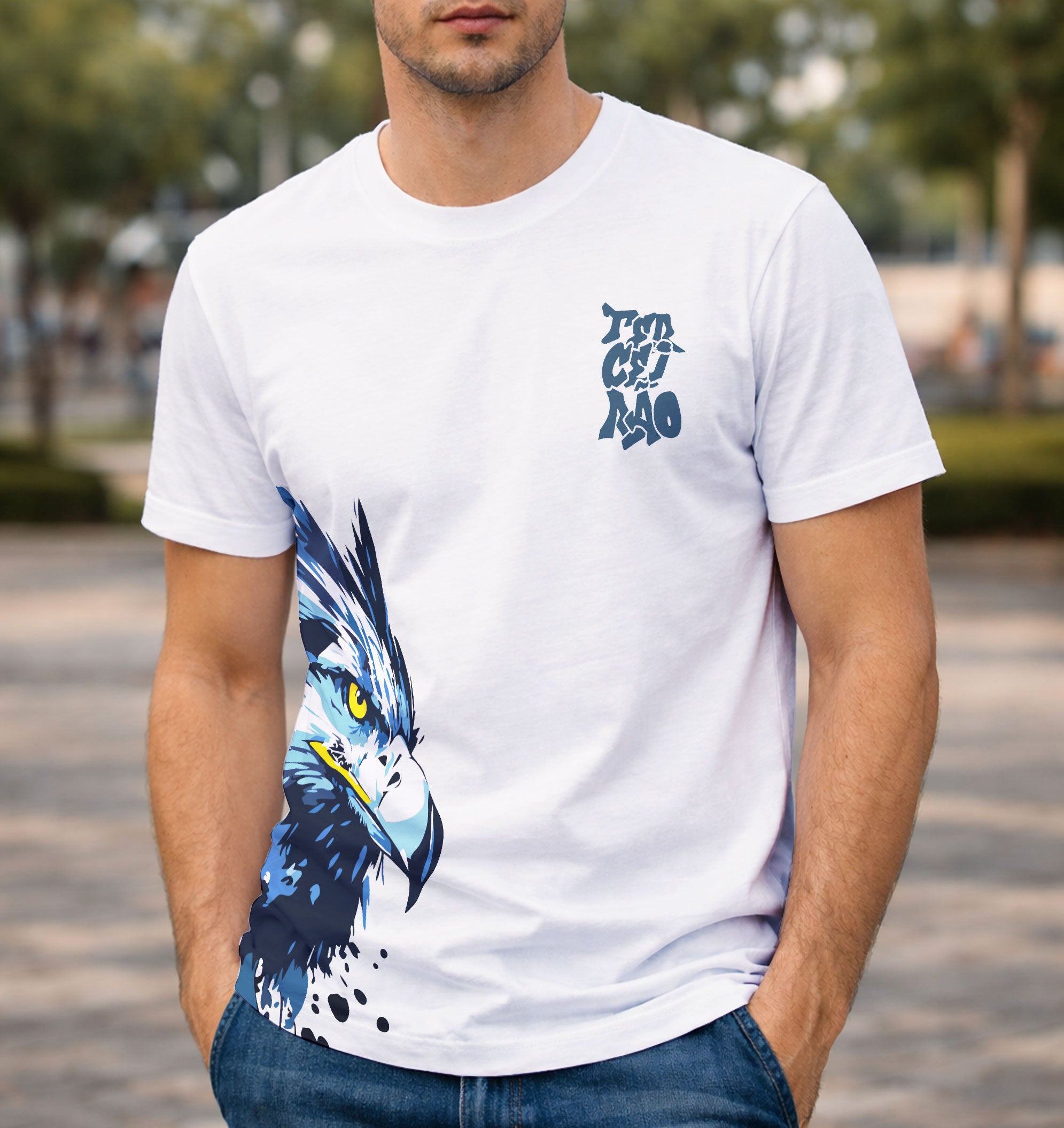 Modelo usando camiseta arte vetor aguia terceirão 2026 frente