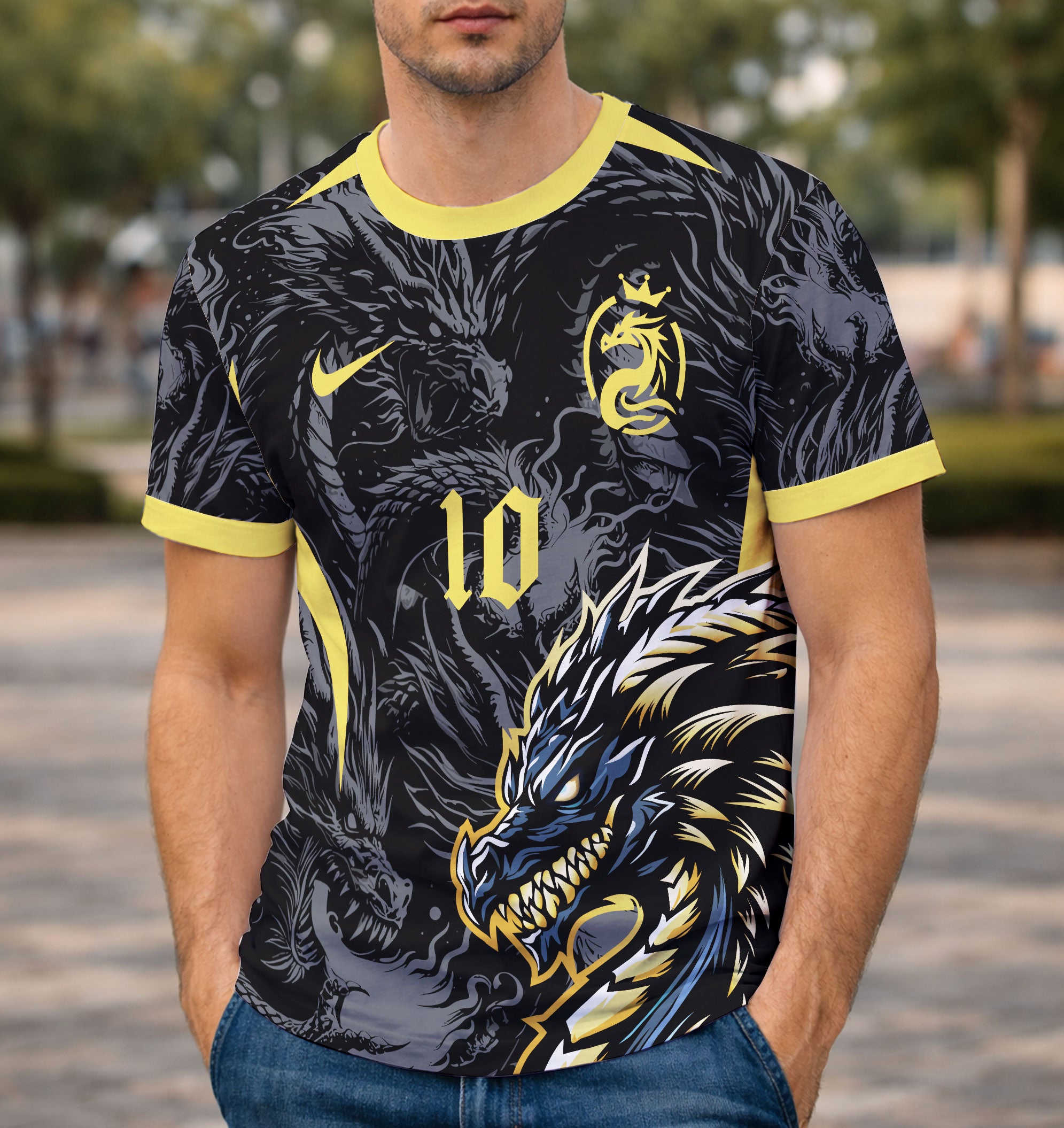 Modelo Usando Frente Camisa arte digital dragão dourado para camisa interclasse 2026