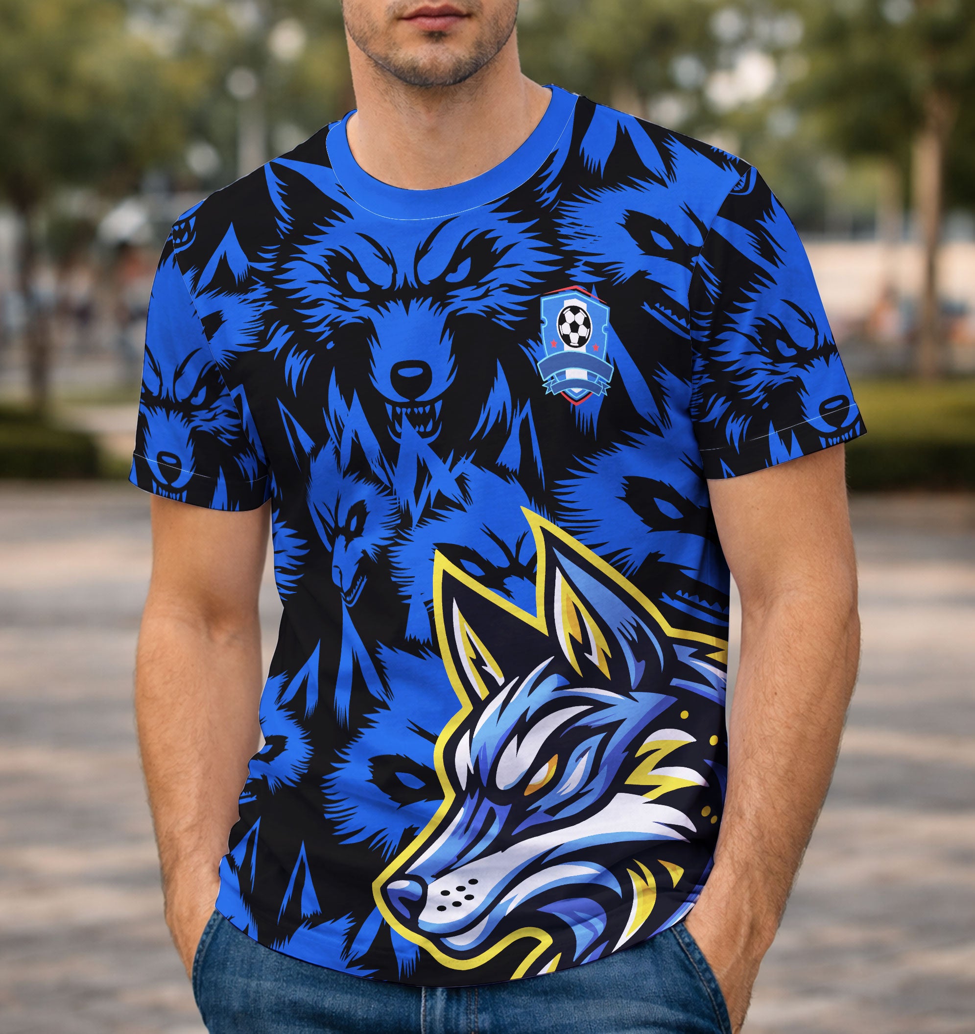 modelo usando camiseta manga curta frente arte vetor lobo noturno 2026