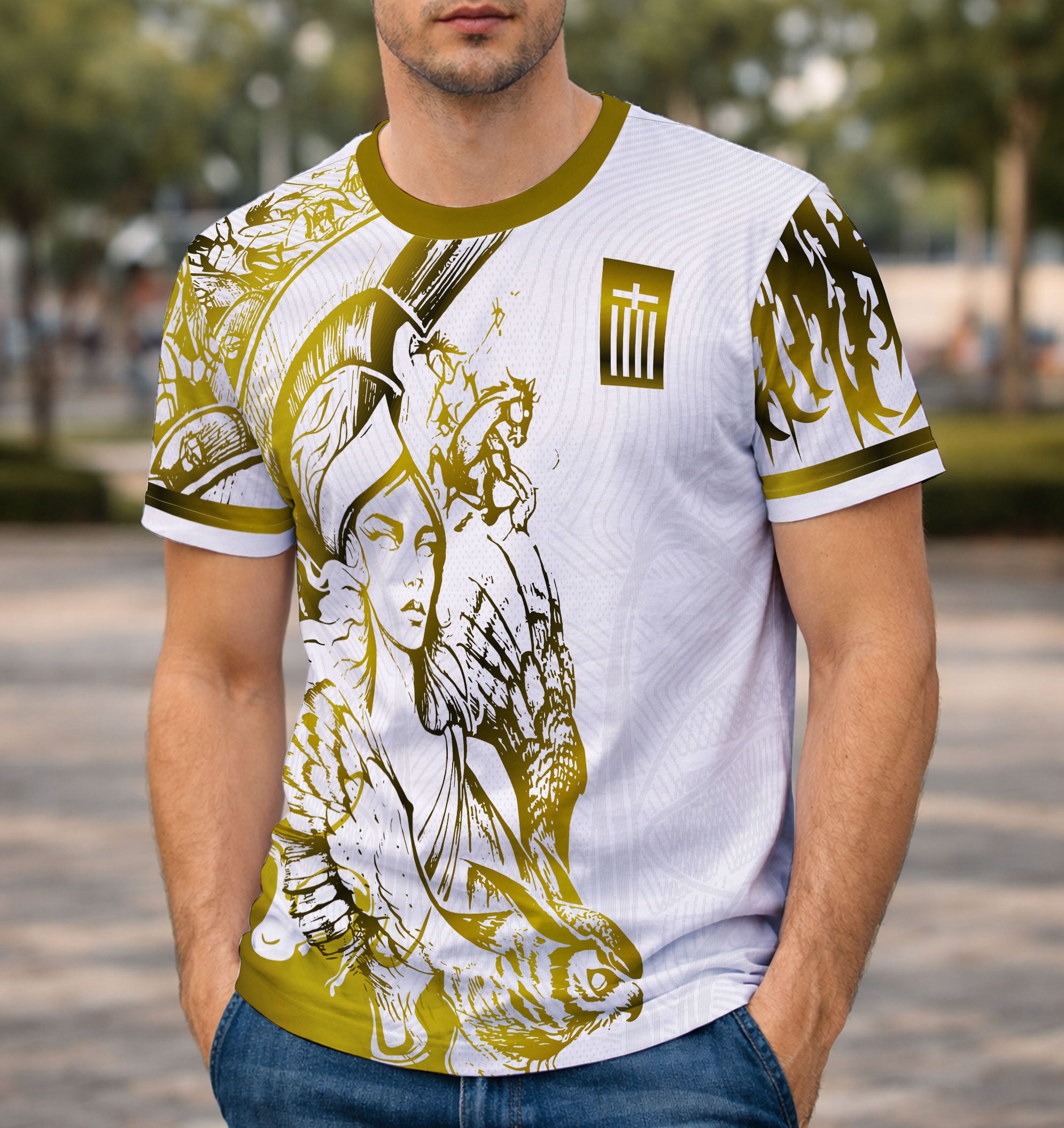 Modelo Usando Camiseta Frente manga Curta Athena