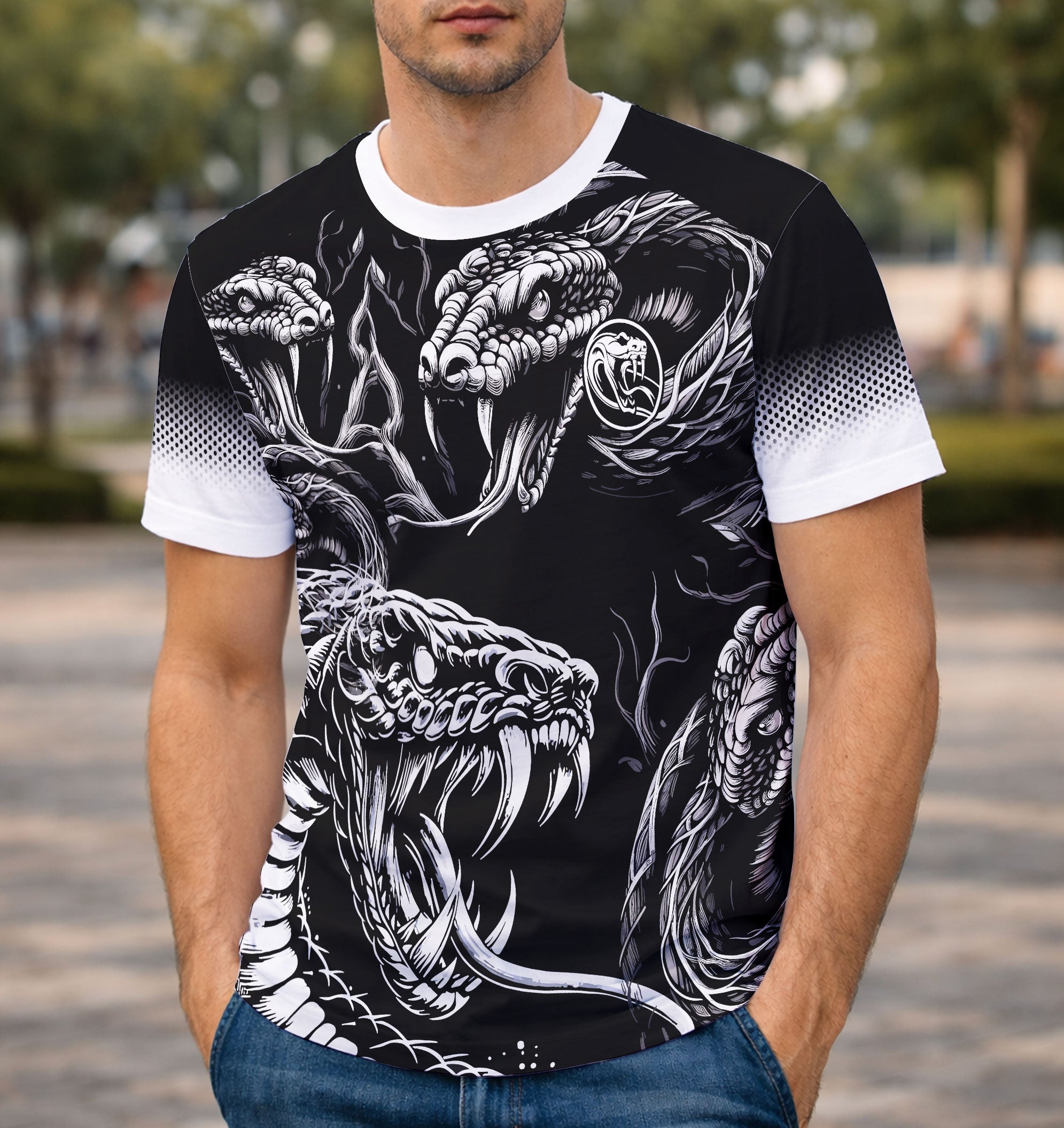 modelo frente usando camisa arte vetor cobra anaconda
